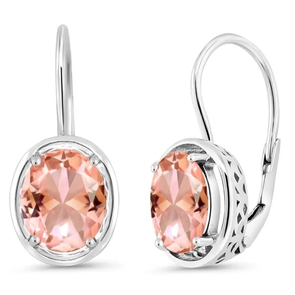 925 Sterling Silver with 4.00 Cttw Peach Morganite Oval Leverback Drop Earrings